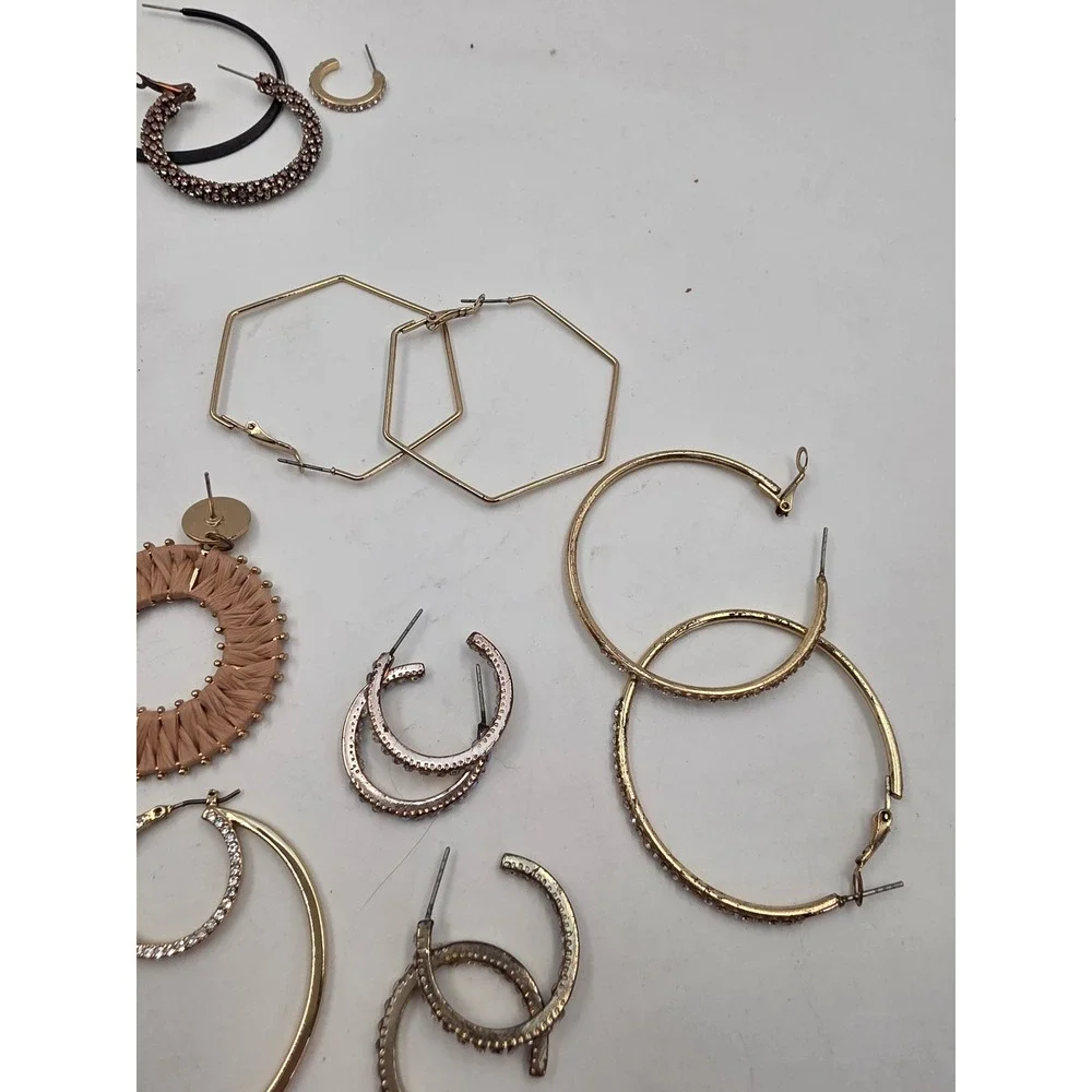 Hoop Earring Lot 12 Pairs Gold Silver Rose Gold Rhinestone Geometric Woven Set